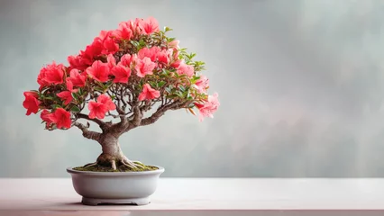 Fototapeten Traditional bonsai miniature red azalea flower plant blooming in a ceramic pot, soft gradient blur background. © pariketan