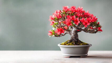 Traditional bonsai miniature red azalea flower plant blooming in a ceramic pot, soft gradient blur background.
