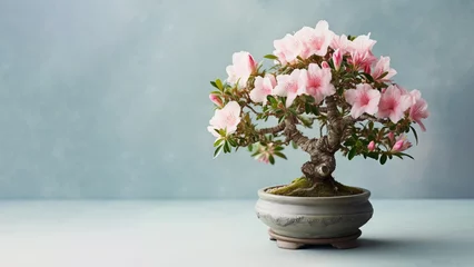 Fototapeten Traditional bonsai miniature pink azalea flower plant blooming in a ceramic pot, soft gradient blur background. © pariketan
