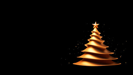 Elegant Christmas tree symbol made of golden ribbon on black background with copy space