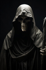 grim reaper with scythe, staff. halloween skeleton character illustration in a hood. death in a black hoodie