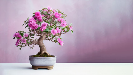 Traditional bonsai miniature purple bougainvillea flower plant blooming in a ceramic pot, soft gradient blur background.