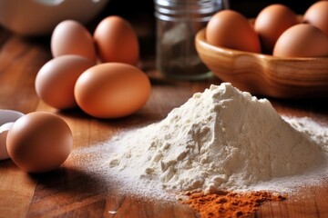 Fototapeta premium close-up of flour and eggs on wooden countertop