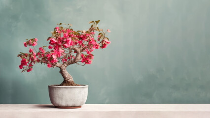 Traditional bonsai miniature red bracts bougainvillea flower plant blooming in a ceramic pot, soft gradient blur background.