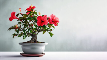 Fototapeta na wymiar Traditional bonsai miniature red hibiscus flower plant blooming in a ceramic pot, soft gradient blur background.