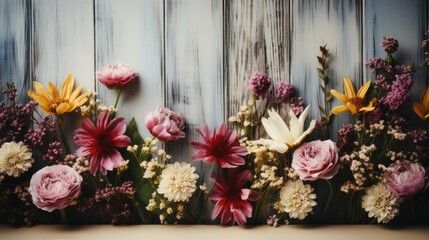 flowers with wooden banner for text on wooden background
