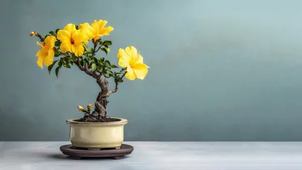 Rolgordijnen Traditional bonsai miniature yellow hibiscus flower plant blooming in a ceramic pot, soft gradient blur background. © pariketan