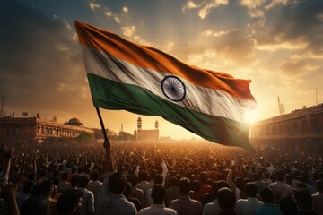 Indian flag in the wind with a crowd of Indian people. Generated with AI