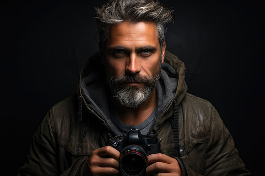 Portrait of a photographer, adult bearded man in casual clothing with a digital camera in hands