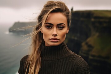 Headshot portrait photography of a tender girl in her 30s wearing a dramatic choker necklace at the cliffs of moher in county clare ireland. With generative AI technology - obrazy, fototapety, plakaty