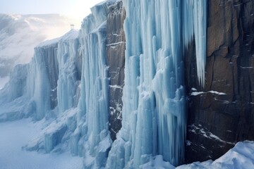 extreme cliff face with snow and ice formations