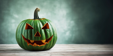 Green carved jack-0-lantern pumpkin on wooden floor.  Fresh modern ascetic, minimalist style. Copyspace for text.