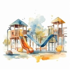 Bright multicolored playground watercolor illustration by hands on white background.