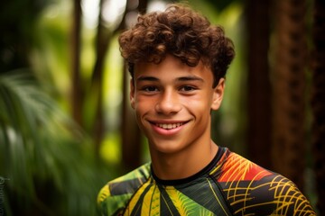 Close-up portrait photography of a joyful boy in his 20s wearing a vibrant rash guard at the amazon rainforest in brazil. With generative AI technology