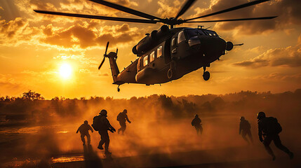 Fototapeta na wymiar Marines descending helicopter drops during sunset. Generative Ai
