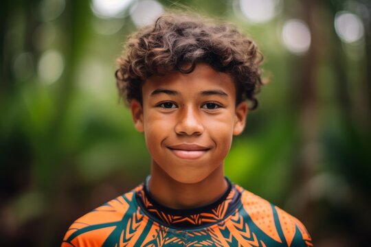 Close-up portrait photography of a joyful boy in his 20s wearing a vibrant rash guard at the amazon rainforest in brazil. With generative AI technology