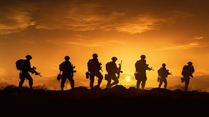 Fototapeta na wymiar Silhouettes of military on the battlefield at sunset. Generative Ai