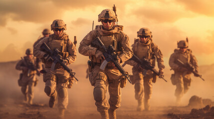 Team of Modern warfare soldiers moving forward. Generative Ai