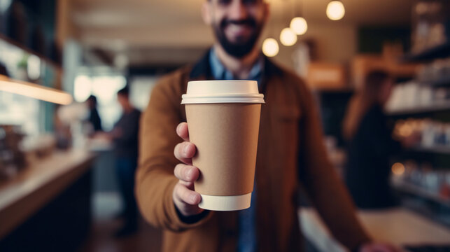 Close up image of a male hand holding a coffee to go paper cup. Packaging mockup image, International Coffee Day concept.