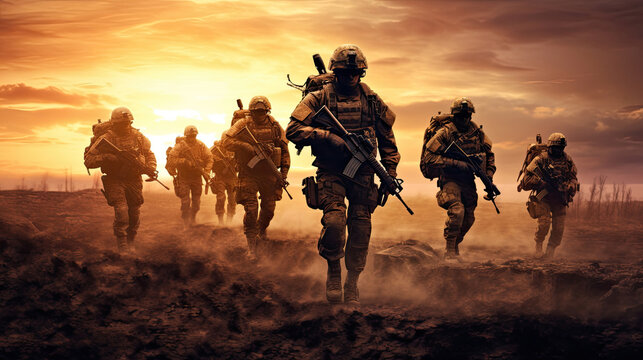 Team of Modern warfare soldiers moving forward. Generative Ai