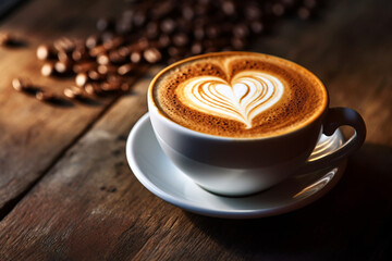 Closeup image of a cup of coffee on a rustic wooden table  with beautiful latte art and coffee beans in the background. International Coffee Day concept.