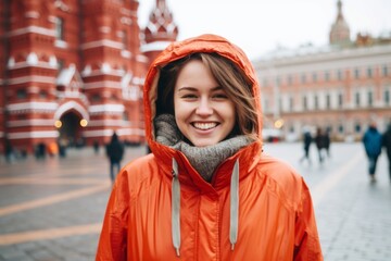 Lifestyle portrait photography of a happy girl in her 40s wearing a windproof softshell at the red square in moscow russia. With generative AI technology