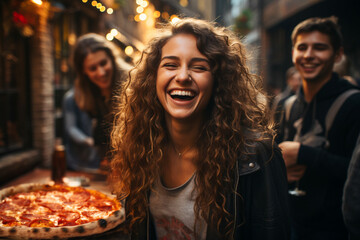 Young people dining and having fun eating italian pizza together - Happy friends eating food at restaurant patio - Youth life style concept on warm evening filter. - obrazy, fototapety, plakaty