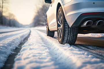 Car on a frosty and snowy road. 
