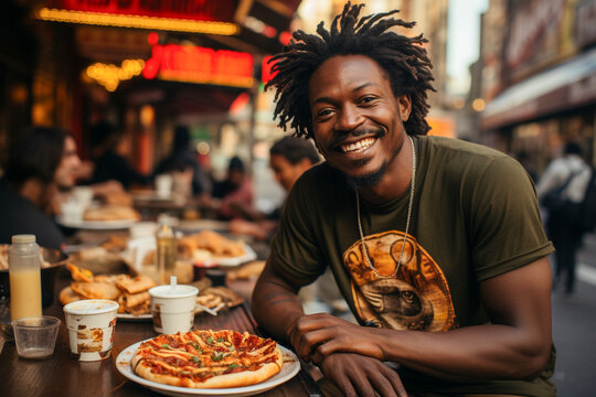 Young smiling Africa American man eats a pizza at restaurant patio. Fast food concept.