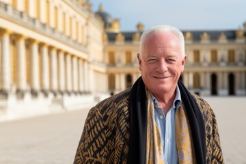 Headshot portrait photography of a joyful mature man wearing a chic cardigan at the palace of versailles in versailles france. With generative AI technology