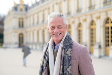 Headshot portrait photography of a joyful mature man wearing a chic cardigan at the palace of...