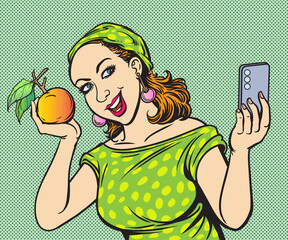 Selfie, A woman uses a mobile phone to take pictures of herself with fruit. Pop art hand drawn style vector design illustrations.
