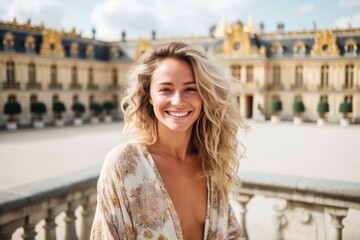 Close-up portrait photography of a joyful girl in his 30s wearing a lace bralette at the palace of...