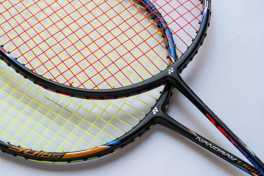 Doha, Qatar - September 4, 2023: Yonex badminton racket isolated on white background