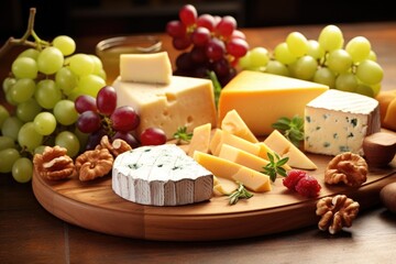 close-up of various cheeses and grapes on a wooden board