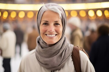Headshot portrait photography of a cheerful mature woman wearing a thermal insulation vest at the mecca in saudi arabia. With generative AI technology - obrazy, fototapety, plakaty