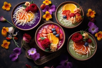 tropical smoothie bowls with exotic fruits and flowers
