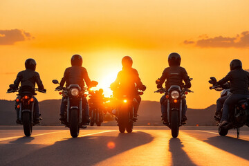 Dusk on Wheels: Motorcycle Riders Embarking on a Sunset Adventure in Tandem, generative AI