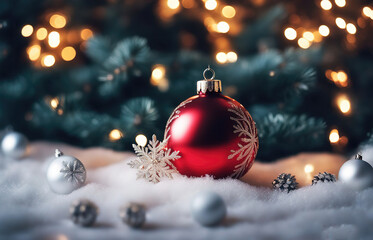 Naklejka na ściany i meble Christmas background with shiny balls, Christmas tree and blurred lights.