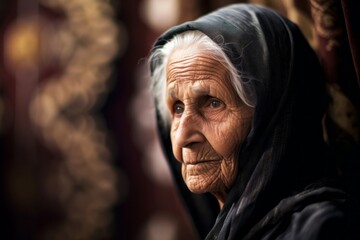 Photography in the style of pensive portraiture of a glad old woman wearing an elegant corset at the mecca in saudi arabia. With generative AI technology