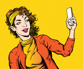 Selfie, A young woman uses a mobile phone to take pictures of herself. Pop art hand drawn style vector design illustrations.