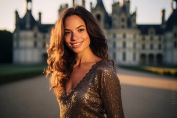 Medium shot portrait photography of a happy girl in her 20s wearing a glamorous sequin top at the chateau de chambord in chambord france. With generative AI technology