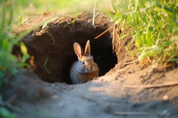 rabbit digging hole near a burrow entrance