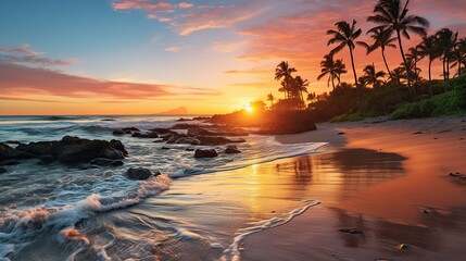 Serene sunset at the beach, golden hour lighting, soft waves gently rolling onto the shore, palm trees silhouetted