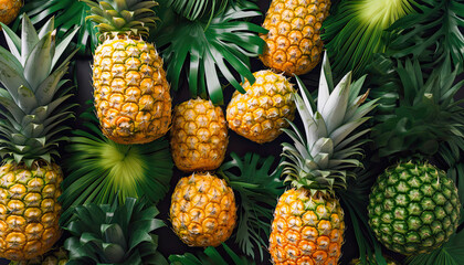 Colorful Pineapples in a Row,pineapple on a market,close up of pineapple