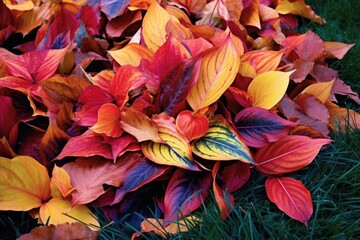pile of colorful autumn leaves on green grass
