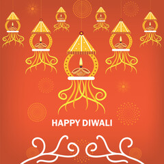 Naklejka premium Diwali Festival template with burning Diya lamps and hanging lights for Poster