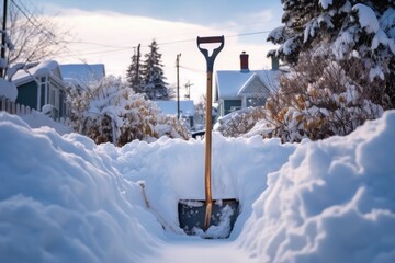 shovel stuck in a pile of freshly fallen snow - obrazy, fototapety, plakaty