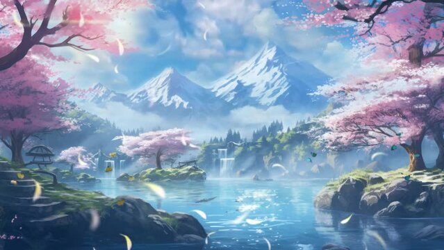 Beautiful fantasy spring nature landscape and cherry blossom tree animated background in Japanese anime watercolor painting illustration style. seamless looping video animated background
