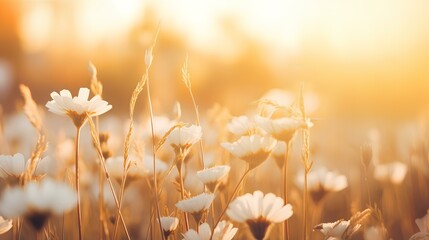 Abstract soft focus sunset field landscape of white flowers and grass meadow warm golden hour sunset sunrise time. Tranquil spring summer nature closeup and blurred forest background. Idyllic nature. - obrazy, fototapety, plakaty